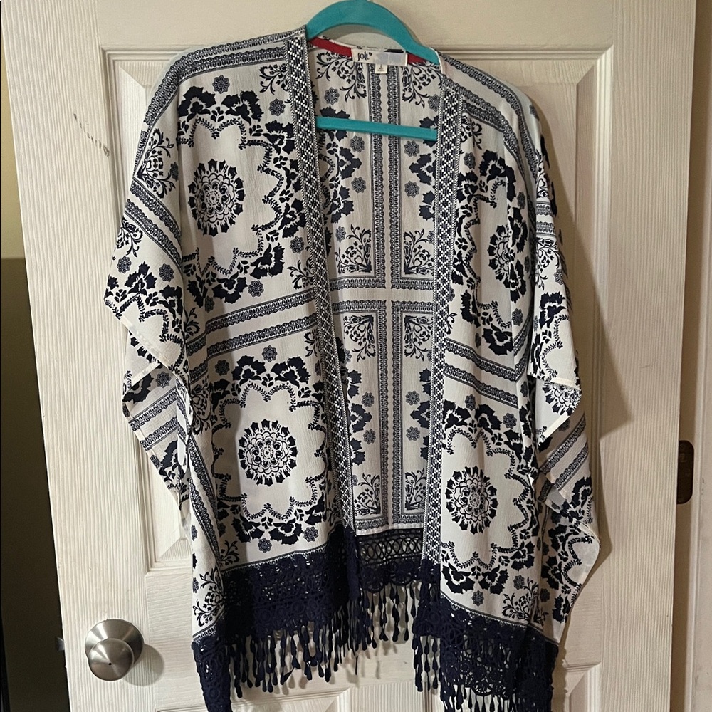 Jolt Navy & White Fringe Boho Kimono Large